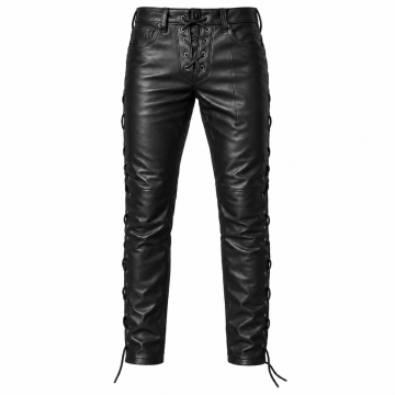 Pantalón motero gótico de cuero negro con cordones para hombre
