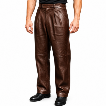 Pantalón de cuero marrón vintage de talle alto con pinzas y pernera recta para hombre
