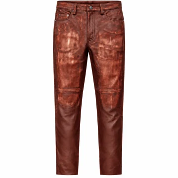 Pantalón motero de cuero marrón envejecido vintage para hombre