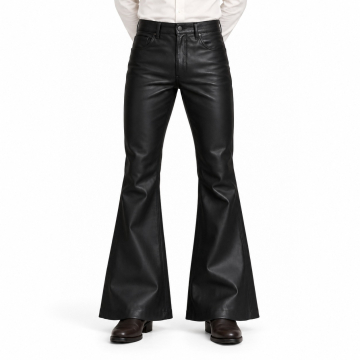 Men's Black Flared Leather Pants - front view