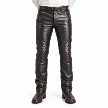 Men's Black Leather Biker Pants with Diamond-Quilted Knees - front view