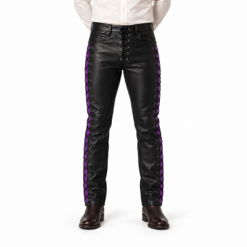Men's Black Leather Pants with Purple Side Lacing - front view
