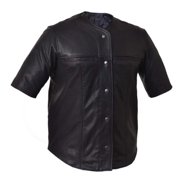 Camisa de piel de cordero negra perforada de manga corta para hombre