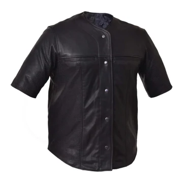 Camisa de piel de cordero negra perforada de manga corta para hombre