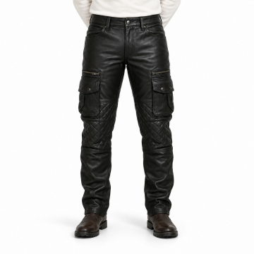 Men's Black Quilted-Knee Leather Cargo Pants - front view