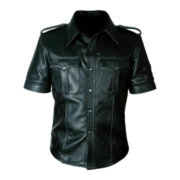 Camisa de piel de oveja negra de manga corta con hombreras para hombre