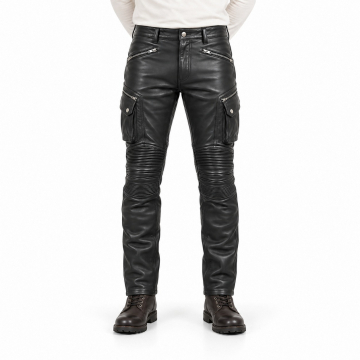 Men's Black Zip-Pocket Leather Cargo Biker Pants - front view