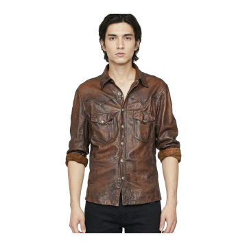 Camisa de cuero marrón con bolsillos de pecho con solapa para hombre