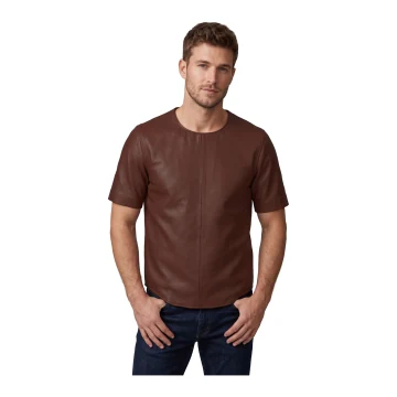 Camiseta de piel de oveja marrón con cuello redondo para hombre