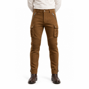 Men's Brown Suede Ribbed Cargo Leather Pants - front view