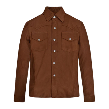 Camisa Western de piel de oveja marrón sin forro para hombre