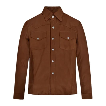 Camisa Western de piel de oveja marrón sin forro para hombre