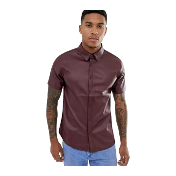Camisa de cuero burdeos de manga corta para hombre