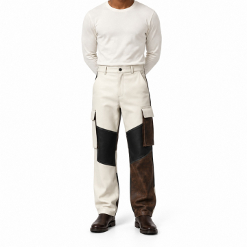 Men's Cream, Black and Brown Patchwork Leather Cargo Pants - front view
