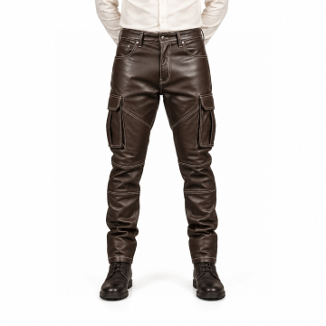 Men's Dark Brown Contrast-Stitch Leather Cargo Pants - front view