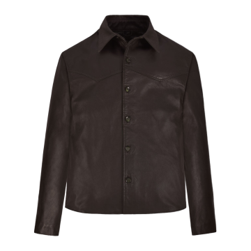 Sobrecamisa de piel de oveja marrón oscuro con canesú Western para hombre