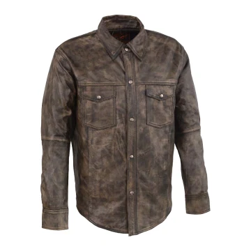 Camisa de cuero vacuno marrón envejecido para hombre