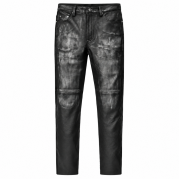 Pantalón vaquero de cuero gris carbón envejecido vintage para hombre