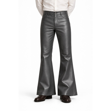 Men's Grey Flared Leather Pants - front view