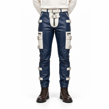 Men's Navy and White Buckle Leather Cargo Pants - front view