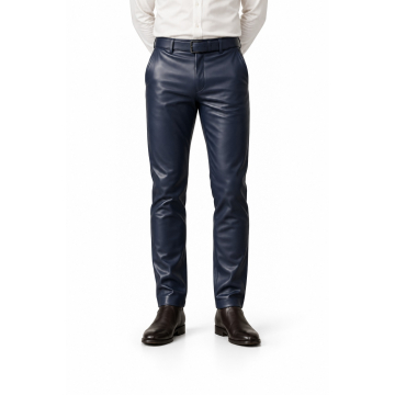 Men's Navy Blue Tailored Leather Pants - front view