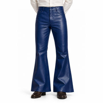 Men's Royal Blue Flared Leather Pants - front view