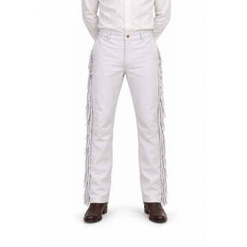 Men's White Fringe Leather Pants - front view
