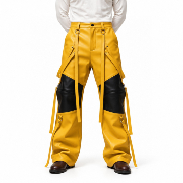 Men's Yellow and Black Strap Leather Pants - front view