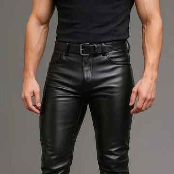 Pantalones de motorista de piel de oveja negra para hombre