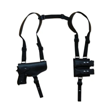 Funda de hombro horizontal de cuero negro con portacargador doble y arnés de cinta