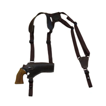 Funda de hombro horizontal de cuero marrón para revólveres con arnés de cinta