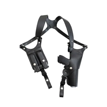 Funda de hombro vertical de cuero negro con portacargador doble