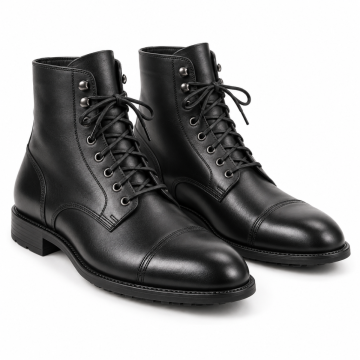 Pair of black leather cap toe lace-up boots with tonal stitching and low heels on a white background.
