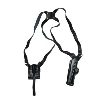 Funda de hombro vertical de cuero auténtico negro con portacargador doble
