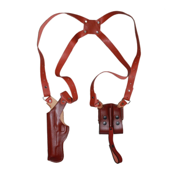 Funda de hombro vertical de cuero auténtico marrón con portacargador doble