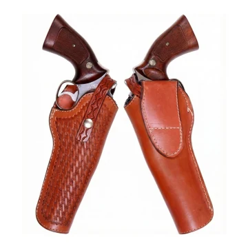 Funda de cuero marrón para revólver con correa de retención