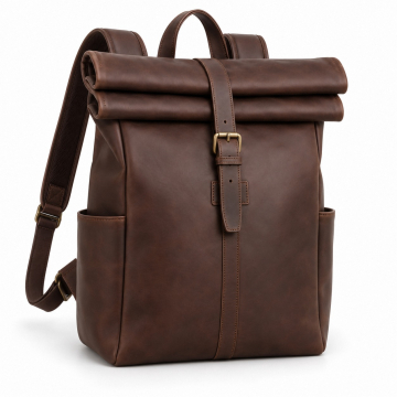 Mochila de viaje de piel con cierre enrollable - Boca enrollada y hebilla frontal