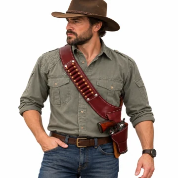 Funda Western de hombro de cuero marrón burdeos para revólver y porte cruzado con bandolera de munición