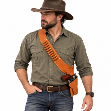 Funda Western de hombro de cuero marrón para revólver y porte cruzado con bandolera de munición