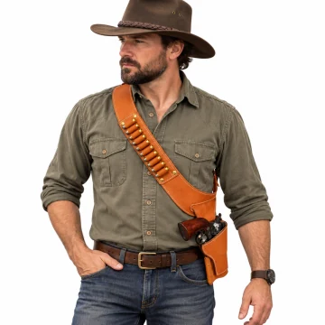 Funda Western de hombro de cuero marrón para revólver y porte cruzado con bandolera de munición