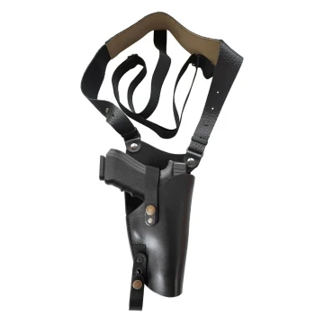 Funda de hombro vertical de cuero negro con correa de retención