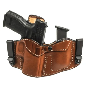 Funda de cuero marrón de porte dual con portacargador