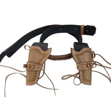 Cinturón Western de cuero color habana con dos fundas para revólver y trabillas para munición