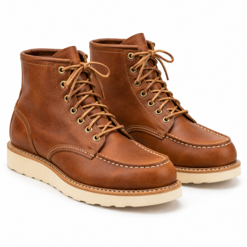 Pair of tobacco brown leather moc toe boots with contrast stitching and cream wedge soles.
