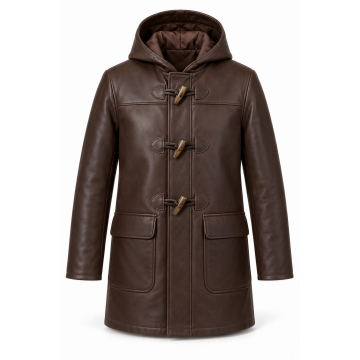 Abrigo duffle de piel a medida con trencas - Frontal completo con capucha y tres trencas