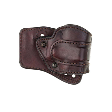 Funda de cuero Trailguard con boca del cañón abierta, dos clips y retención por muelle