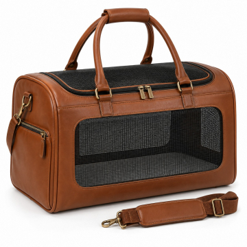 Bolso transportín de piel a medida - Techo y lateral de malla, asas y correa