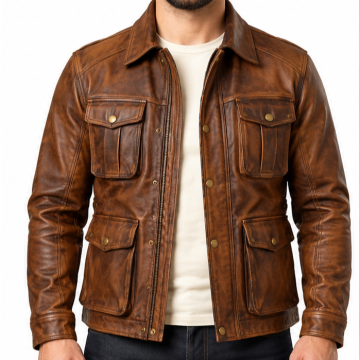 Chaqueta de campo de cuero marrón coñac vintage para hombre