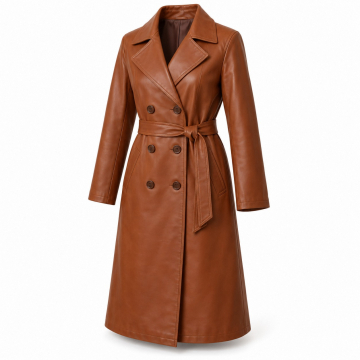 Gabardina de piel para mujer con cinturón - Vista frontal completa