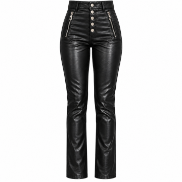 Pantalón de cuero negro de talle alto de estilo motero con bragueta de botones para mujer